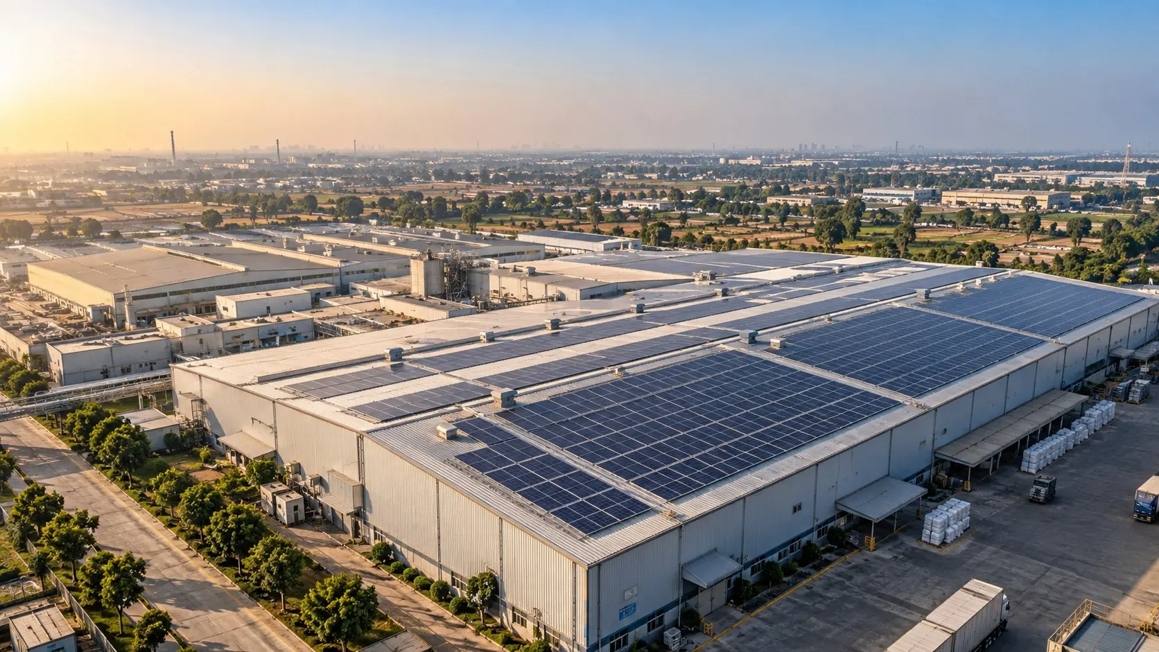 Photorealistic concept of industrial rooftop solar in Punjab