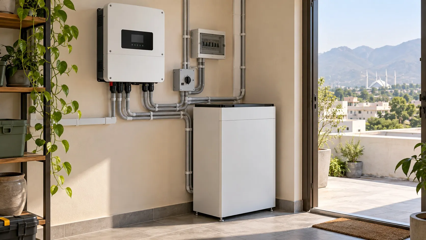 Photorealistic concept: Solar battery cabinet and hybrid inverter in a Pakistan-inspired utility room